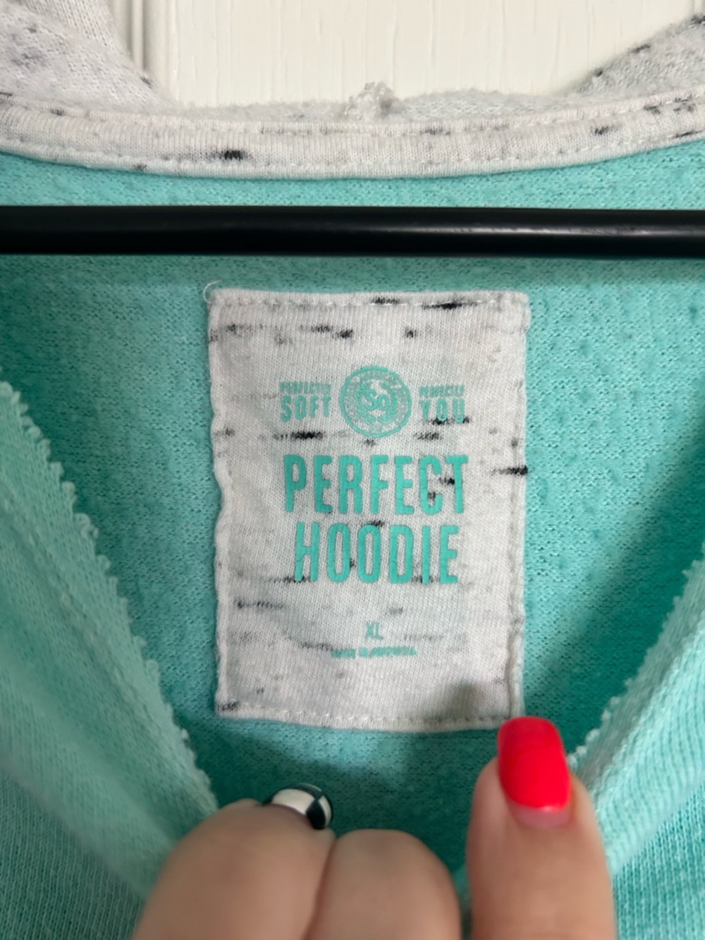 SO Mint Aqua Pullover Hoodie with Speckled Light Gray Sleeves - Picture 3 of 3